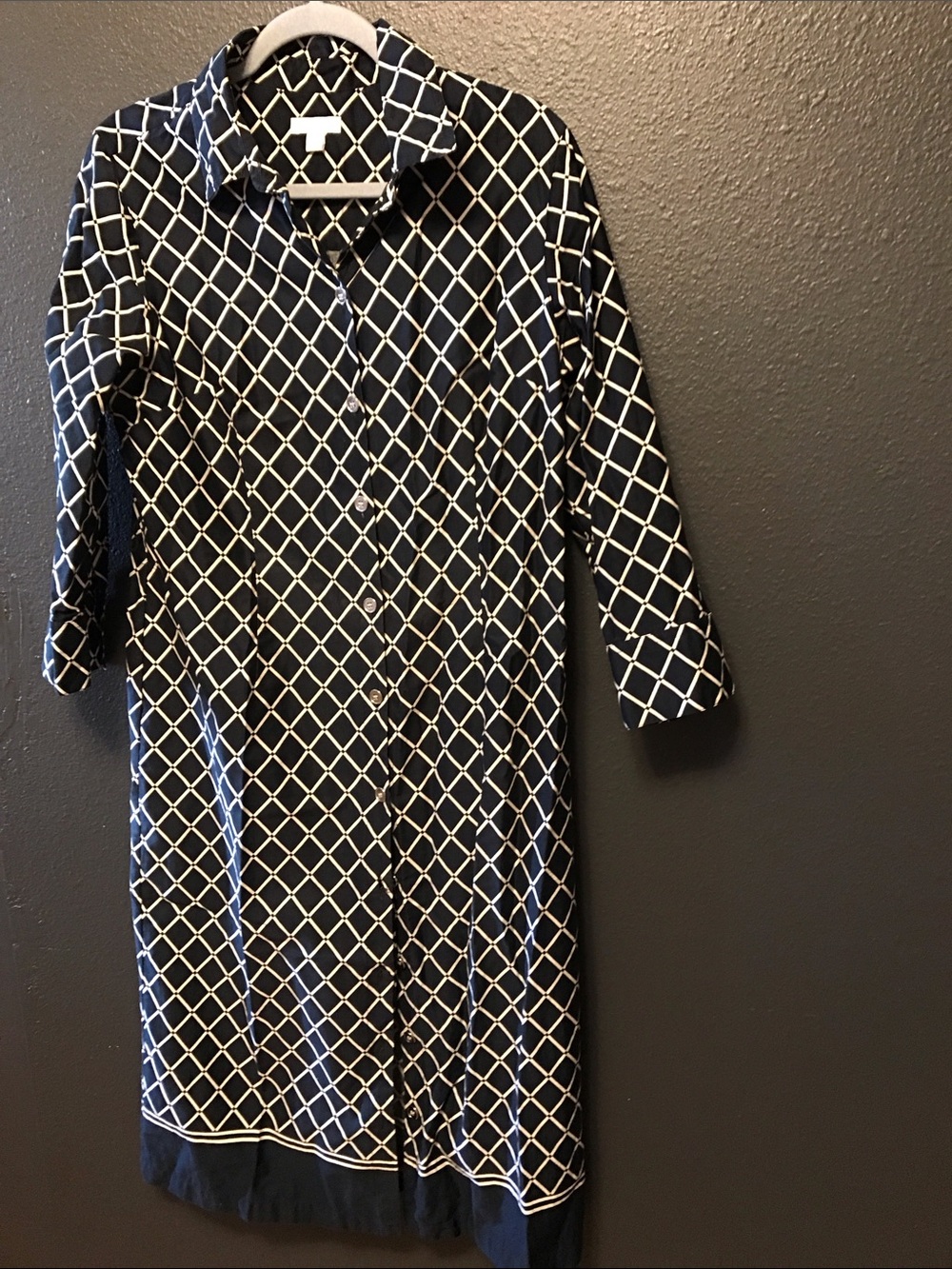 Charter Club Navy Blue Long-Sleeve Diamond-Grid Midi Dress